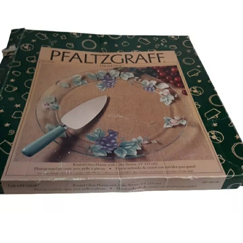 Grapevine Clear Glass Round Platter 13" With Cake Server Pfaltzgraff In Box